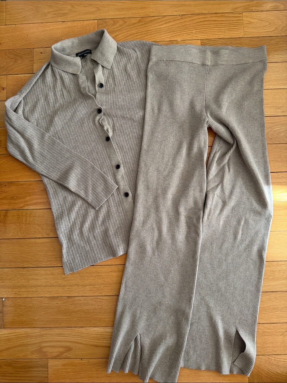 Saks Fifth Ave Light Taupe Ribbed Knit Pants & Button Cardigan Set